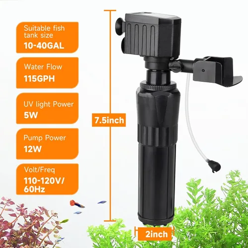 Vista 7 de hygger Filtro U-V para acuario para tanque de 10 a 40 galones, filtro sumergible de bomba de 12 W para agua verde y limpieza de algas, filtro