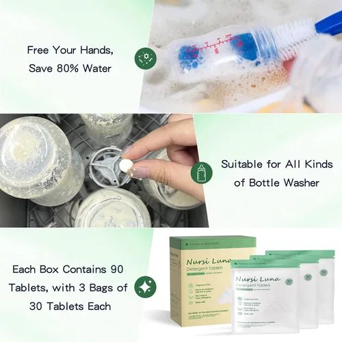 Vista 5 de Nursi Luna Tabletas de Detergente para Lavavajillas de Biberones de Todas las Marcas, 90 Unidades Fórmula Suave Tabletas de Detergente