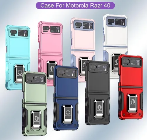 Vista 2 de Funda para Moto Razr 40, para Moto Razr 2023, TPU de grado militar + PC [soporte integrado] Diseño de doble capa resistente contra caídas Funda