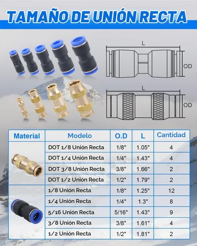 Vista 2 de Kit de 48 piezas de accesorios de conexión a presión, accesorios de conexión rápida de línea de aire de plástico y latón, conectores de empuje