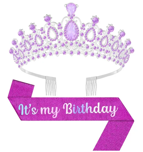 Vista 29 de Tiara de cumpleaños y corona con banda, tiara de cumpleaños para fiesta de mujeres (rosa)