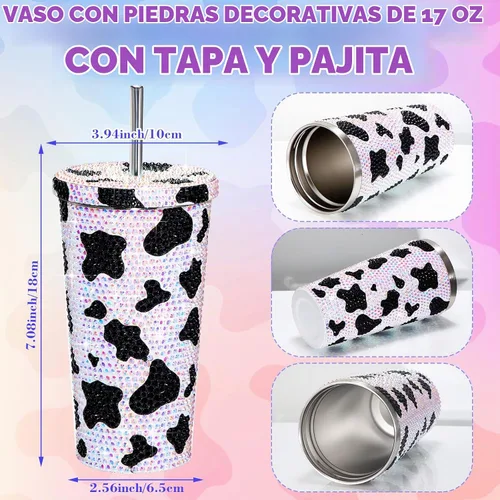Vista 2 de Yaomiao - Botella de agua con estampado de vaca, vaso de diamantes de imitación para mujer, botella de agua de vaca con purpurina de 17 onzas