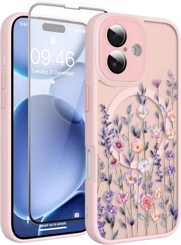 Vista 75 de Magnético para iPhone 13 con protector de pantalla [Compatible con MagSafe] Diseño de patrón floral de flores bonitas, funda delgada a prueba