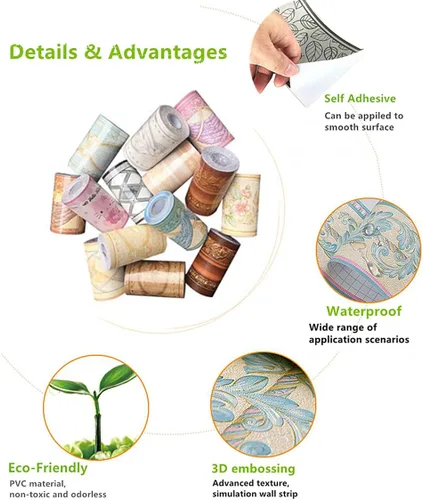Vista 8 de UPREDO Papel tapiz decorativo 3D con moldura floral, borde impermeable para pared, techo, para baño, cocina, azulejos en muro, 4 pulgadas por 16.4