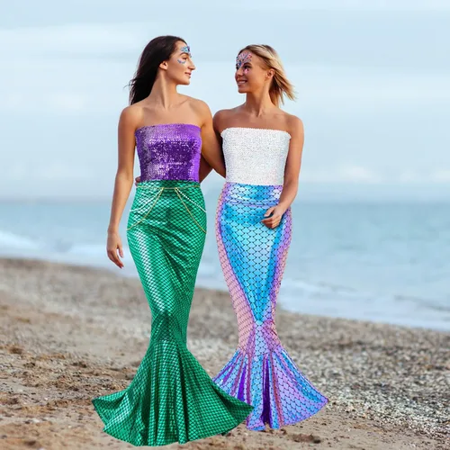 Vista 7 de Panitay 2 Sets Halloween Mermaid Costume for Women Shiny Mermaid Skirt Sequin Tube Top Face Gems Pearl Waist and Head Chain