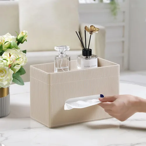 Vista 2 de Funda para Caja de Paños Rectangular con Bandeja de Almacenamiento, Soporte de Paños de PU para Tocador de Baño, Mesitas de Noche, Dormitorio