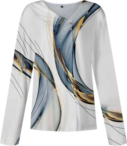 Vista 4 de Blusas sueltas de manga larga con cuello en V para mujer, estampado floral, cuello de solapa, asimétrica, con botones, para otoño 2023