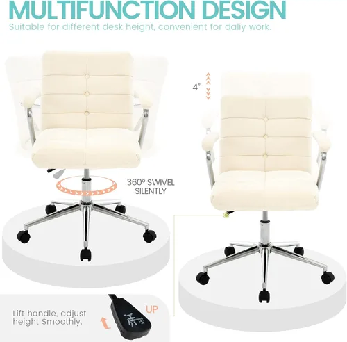 Vista 5 de Silla de escritorio de terciopelo para oficina en casa, silla tapizada ajustable giratoria con ruedas, silla de computadora copetada con respaldo