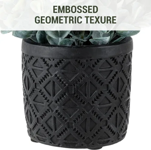 Vista 2 de MyGift Planta artificial de eucalipto en macetas modernas de hormigón gris con patrón geométrico en relieve (1, negro)