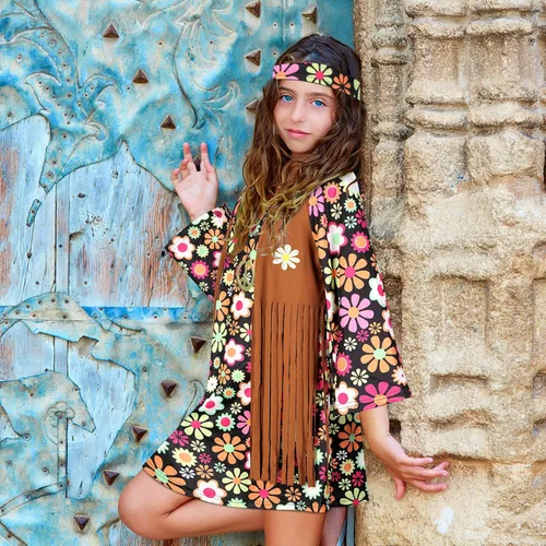 Vista 5 de Haysandy Conjunto de disfraz hippie para niños, vestido hippie de los años 60 y 70, signo de la paz, accesorios de fiesta para carnaval, Halloween