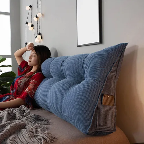 Vista 3 de Almohada triangular de cuña, respaldo de cabecera de vellón, cojín grande para reposo en cama, almohadas de lectura, almohada de apoyo de Azul