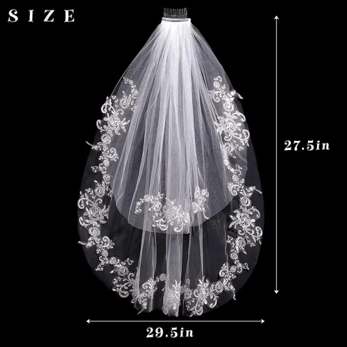 Vista 4 de Velo de novia de 2 niveles de encaje de flores con peine de novia accesorios para novias