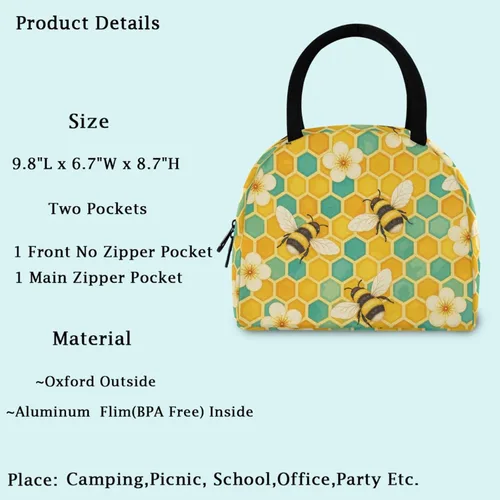 Vista 2 de Bolsa de almuerzo reutilizable con diseño de panal de abeja vintage, con bolsillo frontal, cierre de cremallera, bolsa térmica térmica