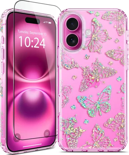 Vista 13 de Funda para iPhone 16, con protector de pantalla, linda para mujeres y niñas, funda protectora de grado militar de 10 pies para iPhone 16, funda