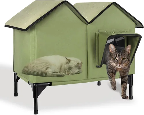 Vista 15 de Casa climatizada para gatos en invierno exterior, casa para gatos climatizada extra grande, resistente a la intemperie, cama elevada, puerta