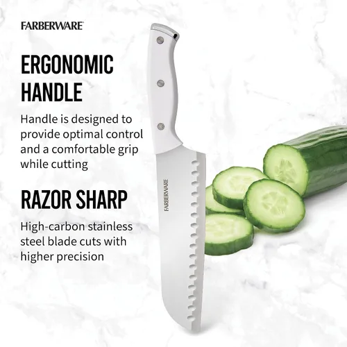 Vista 5 de Farberware Cuchillo Santoku de 7 pulgadas con funda autoafilable EdgeKeeper, hoja de acero inoxidable de alto carbono, mango de triple remache
