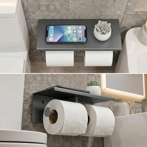 Vista 5 de Soporte de papel higiénico doble de acero inoxidable con estante de almacenamiento para teléfono (gris)