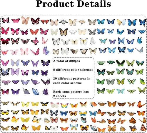 Vista 2 de Paquete de 320 calcomanías de mariposa, calcomanías de mariposas pequeñas transparentes y coloridas para la naturaleza, materiales para álbumes