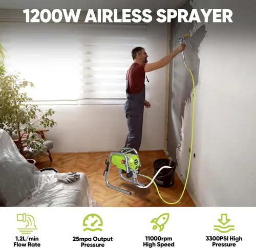 Vista 3 de Pulverizador de pintura sin aire de 1200 W, pistola pulverizadora de pintura de alta eficiencia de 3300 PSI, sin adelgazamiento, con varilla