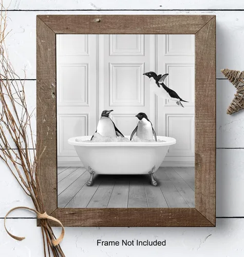 Vista 8 de Arte de pared de baño, decoración de pared de baño, decoración negra divertida, baño de invitados, ilustraciones de baño, regalos de pingüinos