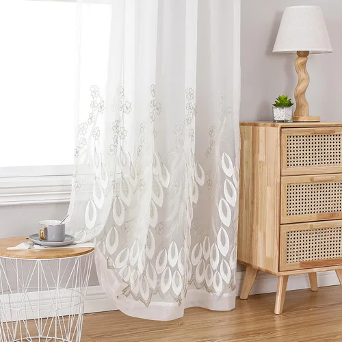 Vista 29 de VISIONTEX 2 paneles de cortinas traslúcidas de 63 in de largo, cortinas de gasa semitransparentes bordadas con hojas florales beige, bolsillo
