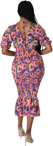 Vista 5 de Vestido sexy de manga corta con cuello en V profundo para mujer, estampado floral, con volantes, para fiesta y club