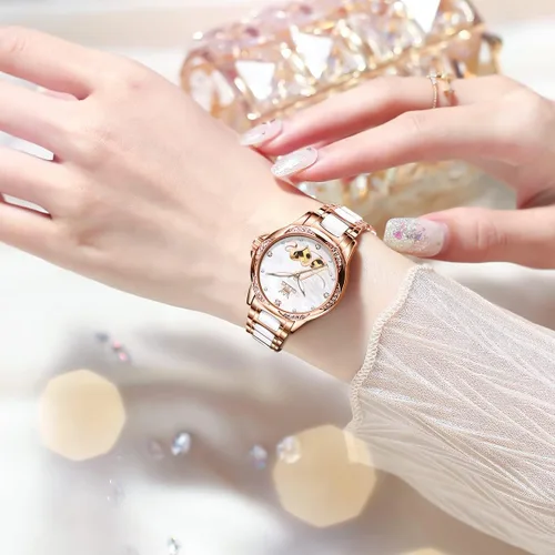 Vista 2 de OLEVS Relojes automáticos para mujer de cuerda automática vestido de lujo de oro rosa diamante blanco cerámica para mujer reloj de pulsera con fecha