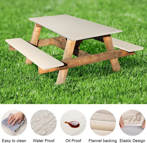 Vista 4 de Funda de mantel ajustable de 3 piezas para mesa de pícnic y bancos, para mesa de 6 pies, 30 x 72 pulgadas, vinilo con bordes elásticos ajustables