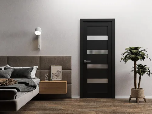 Vista 2 de Puerta sólida interior de 42 x 80 pulgadas Quadro 4113 vidrio esmerilado negro mate Marco de panel individual regular manija Baño dormitorio