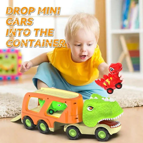 Vista 6 de Veslier Juguetes de Dinosaurio para Niños de 2-4 y 3-5 años con 6 Vehículos de Coche de Dinosaurio, Camión Transportador de Dino con Música y Sonido