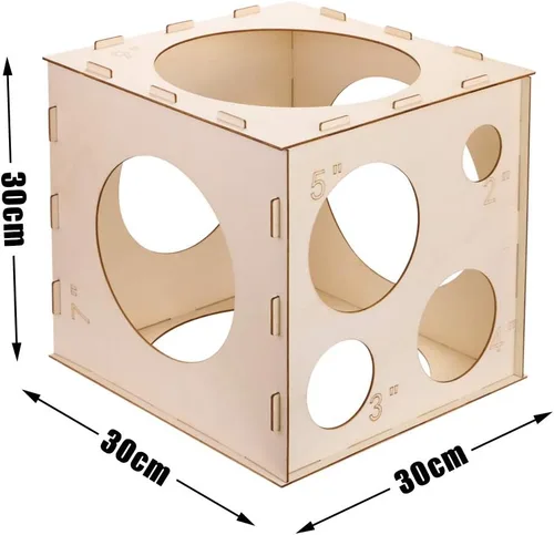 Vista 2 de Caja de cubo plegable de madera con 9 agujeros de 2 a 10 pulgadas, herramienta de medición de globos para cumpleaños, bodas, decoraciones de fiesta