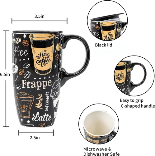 Vista 8 de Topadorn Taza de Café de Cerámica Taza de Viaje Regalo con Tapa 17oz, Taza de Té Alta de Porcelana con Asa para el Hogar y la Oficina, Taza