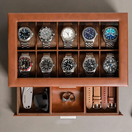 Vista 4 de Juego de regalo Caja de reloj de cuero con 10 ranuras con cajón de valet y funda de viaje para 2 relojes a juego, organizador de exhibición
