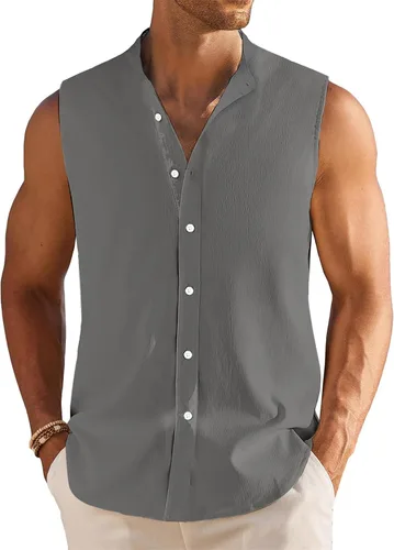 Vista 3 de Camisa sin mangas de lino guayabera cubana para hombre, camisa de verano con botones, camiseta sin mangas de playa, camiseta básica casual
