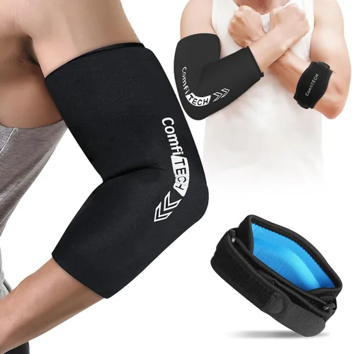 Vista 8 de Comfitech Combo de correa para codo y bolsa de hielo para hombres y mujeres, manga fría para brazo y antebrazo, talla M