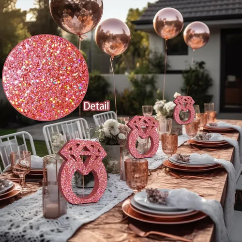Vista 3 de Eploger Decoraciones de compromiso, anillos de diamantes con purpurina de oro rosa para decoración de mesa, decoraciones de despedida de soltera