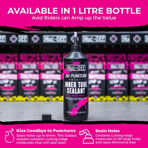Vista 6 de Muc-Off Sellador sin cámara sin complicaciones de pinchazos, 1 litro, sellador avanzado para neumáticos de bicicleta con tinte trazador UV que sella