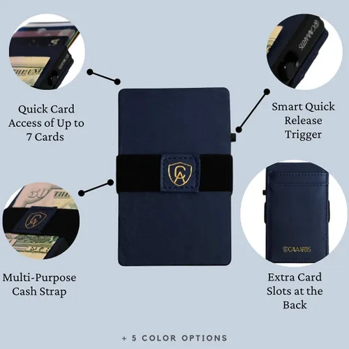 Vista 2 de Cartera delgada de diseño Cuero auténtico premium Protección RFID inteligente Minimalista Tarjetas inteligentes de liberación rápida, Azul