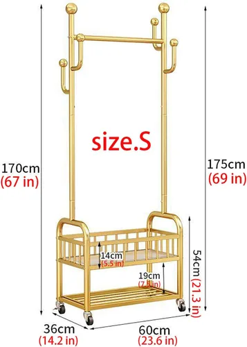 Vista 7 de Perchero de pie con ruedas, resistente para almacenamiento, dorado, para colgar ropa, zapatos, bolsas, bufandas, corbatas, ideal para oficinas