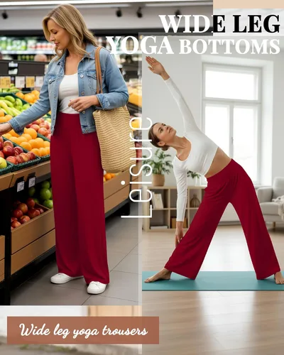 Vista 29 de Neer - Conjunto de 3 pantalones de yoga de pierna ancha para mujer - Pantalones deportivos cómodos, holgados, de cintura alta y casuales