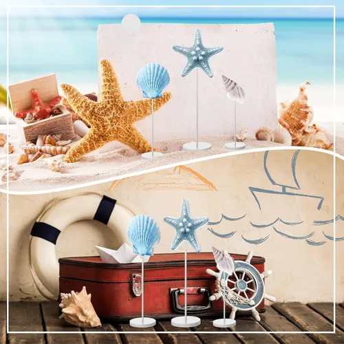 Vista 5 de Gerrii 3 piezas de decoración de mesa de océano de verano, Navidad, estrella de mar, concha, concha, decoración de mesa de madera, letrero de centro