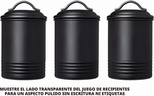 Vista 6 de Juego de 3 recipientes de cocina negros – Recipientes herméticos para almacenamiento de alimentos con tapas para azúcar, café y té, juego de tarros