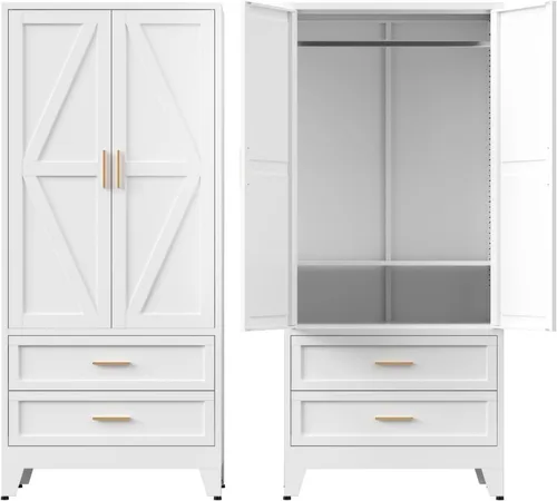 Vista 24 de COFaR Armario Armario con cajones y barra para colgar, armario de metal de 71 pulgadas con puertas y estante ajustable, armario de granja para Blanco