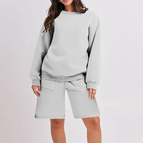Vista 2 de DOLKFU Womens 2 Piece Outfits Trendy Long Sleeve Crewneck Hoodie Sweatshirt and High Waist Shorts Set Casual Fall Tracksuit
