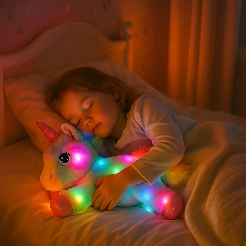 Vista 7 de Easfan Animal de peluche con luces LED de unicornio con luces nocturnas coloridas que brillan en la oscuridad, festival de cumpleaños para niños