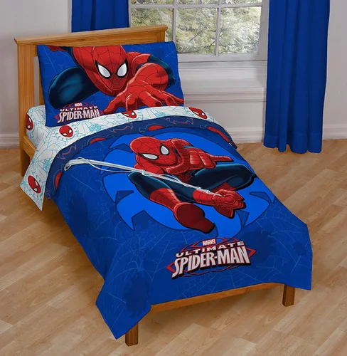 Vista 2 de Set de sábanas Spiderman de Marvel con barras Cama en una bolsa, funda de almohada, producto oficial, microfibra suave, lavable a máquina, fácil