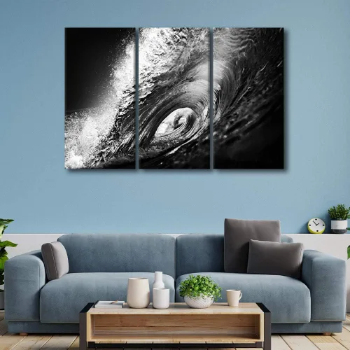 Vista 4 de Impresión fotográfica de paisajes oceánicos en blanco y negro, obra de arte en lienzo de paisaje marino, estirado y enmarcado, lienzo de ojo