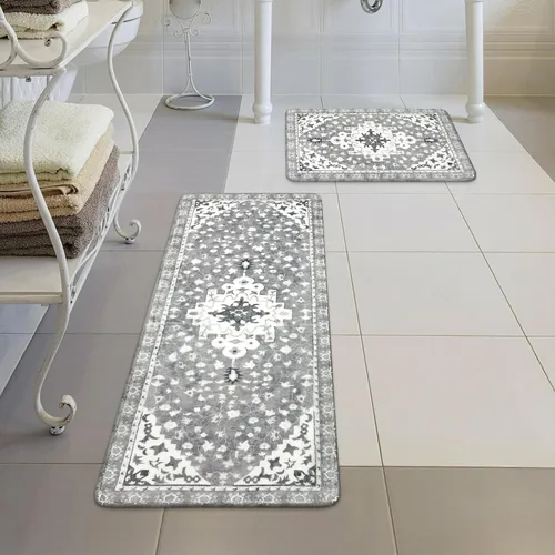 Vista 7 de Uphome Juego de 2 tapetes de baño bohemios vintage, antideslizantes, suaves, lavables a máquina, oriental estético, tapete de baño tradicional