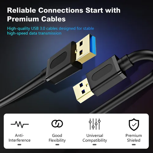 Vista 4 de Cable USB 3.0 Macho a Macho 1 pie, Cable USB a USB con Conector Chapado en Oro para Carcasas de Disco Duro, Reproductor de DVD, Enfriador de Laptop