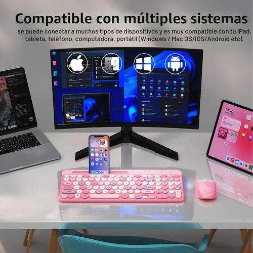 Vista 3 de [Usado] Teclado y Mouse Inalámbricos Bluetooth, Combo de Teclado y Mouse Recargable Multidispositivo con Soporte para Teléfono